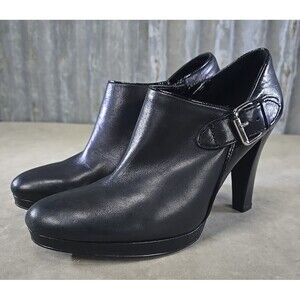Lauren Ralph Lauren Black Leather Ankle Boots Side Zip Block Heel Womens sz 7.5